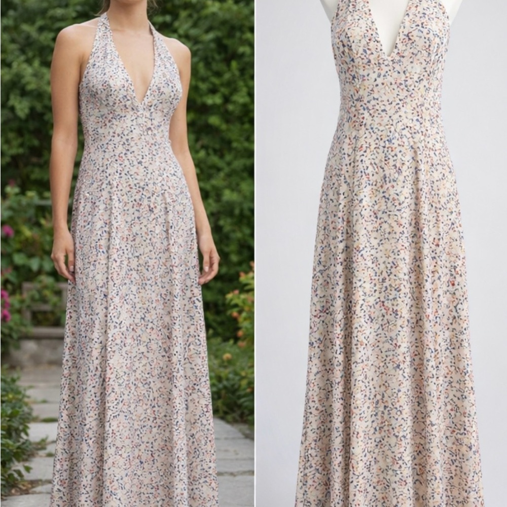 Riva Designs Cream Floral Halter Maxi Dress